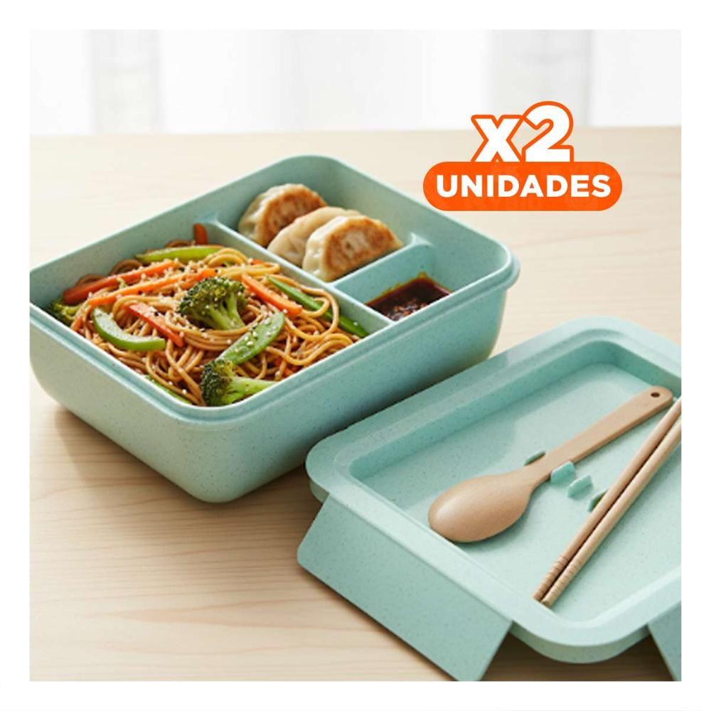 Pack2 Fiambrera cuadrada con cubiertos 1100ml verde agua para lunch y hogar Y Papel Regalo