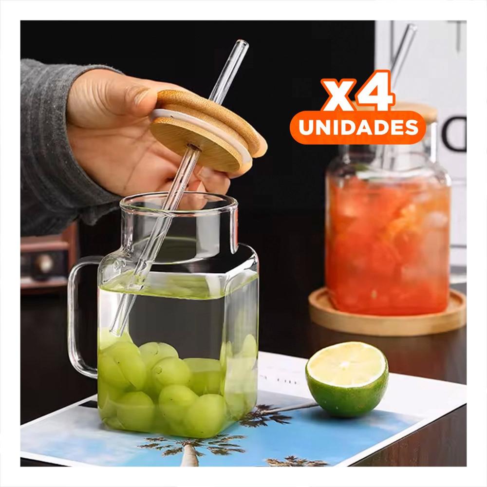 Pack4 Jarro Rectangular Transparente con Asa de Vidrio 500ml y Sorbete Y Papel Regalo