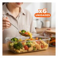 Pack6 Envase De Vidrio 1040ml Rectangular Transparente Con Tapa Bambu Comida Y Papel Regalo