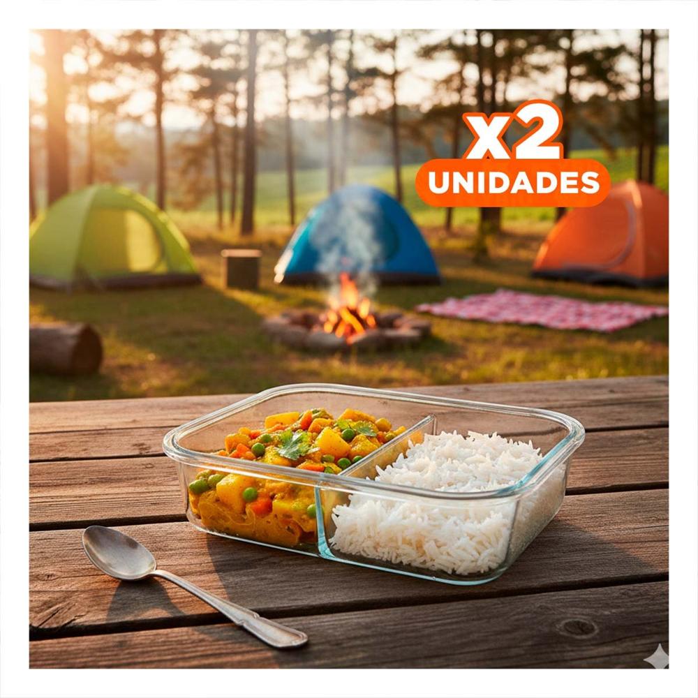 Pack2 Contenedor de Vidrio con Tapa 2 Divisiones 1040ml Linea Celeste YPapel Regalo