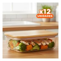 Pack12 Recipiente De 1040ml Rectangular Transparente Con Tapa Bambu Hogar Y Regalo Sticker