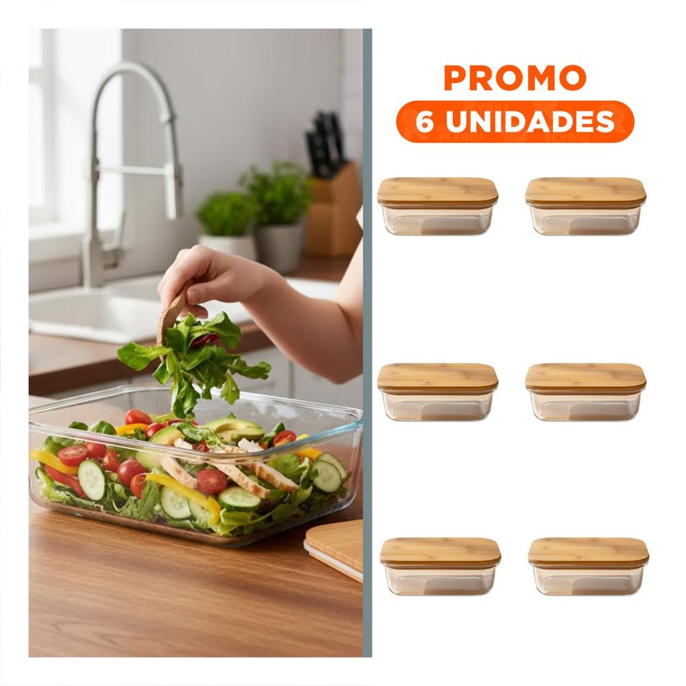Pack6 Envase De Vidrio 1040ml Rectangular Transparente Con Tapa Bambu Fresco Y Regalo Sticker