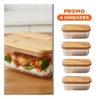 Pack4 Taper De Vidrio 1040ml Rectangular Transparente Con Tapa Bambu Conservacion