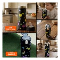 Termo Escolar 420ml Dinosaurio Negro para Bebidas Frias y Calientes YLigas Regalo