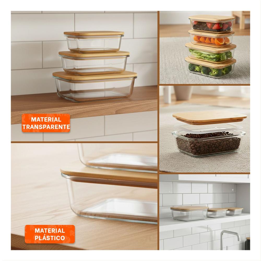 Recipientes Apilables con Tapa de Bambu 370ml 640ml 1040ml Transparente YLigas Regalo