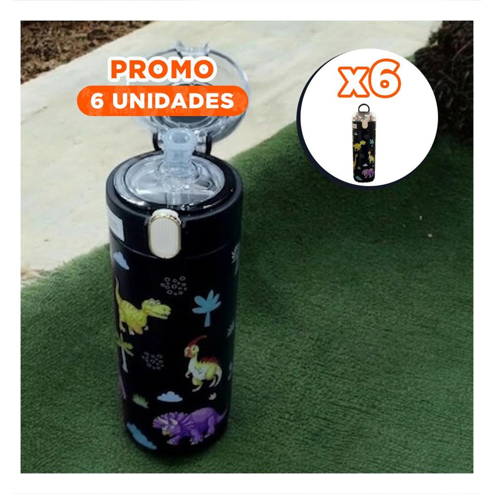 Pack6 Frasco Portatil 420ml Dinosaurio Negro para Bebidas en Excursiones