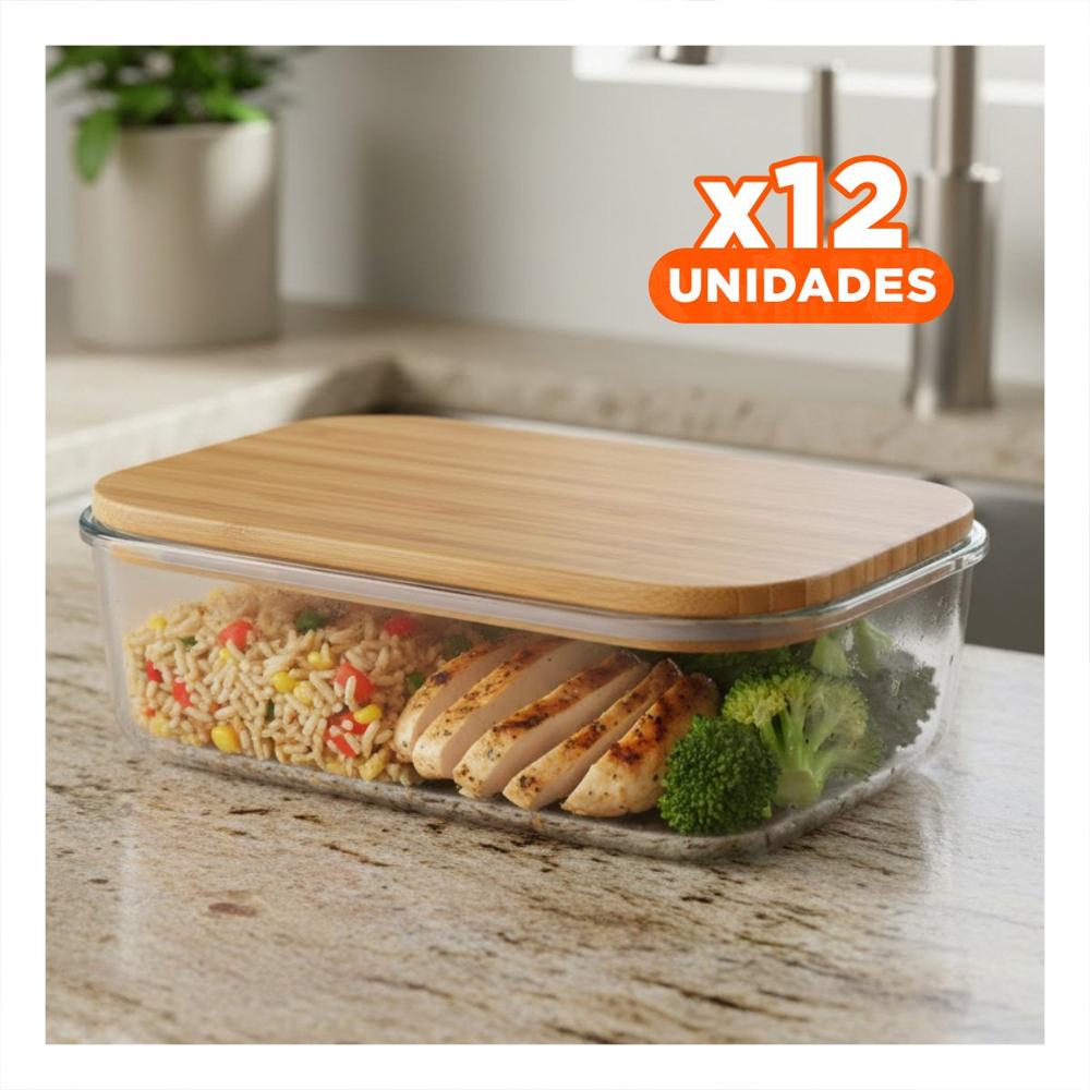 Pack12 Envase 640ml rectangular transparente con tapa de bambu para cocina Y Papel Regalo