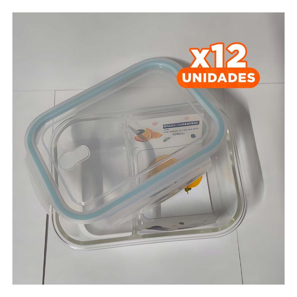 Pack12 Contenedor Vidrio 2 Divisiones 1040ml Linea Celeste YRegalo Sticker
