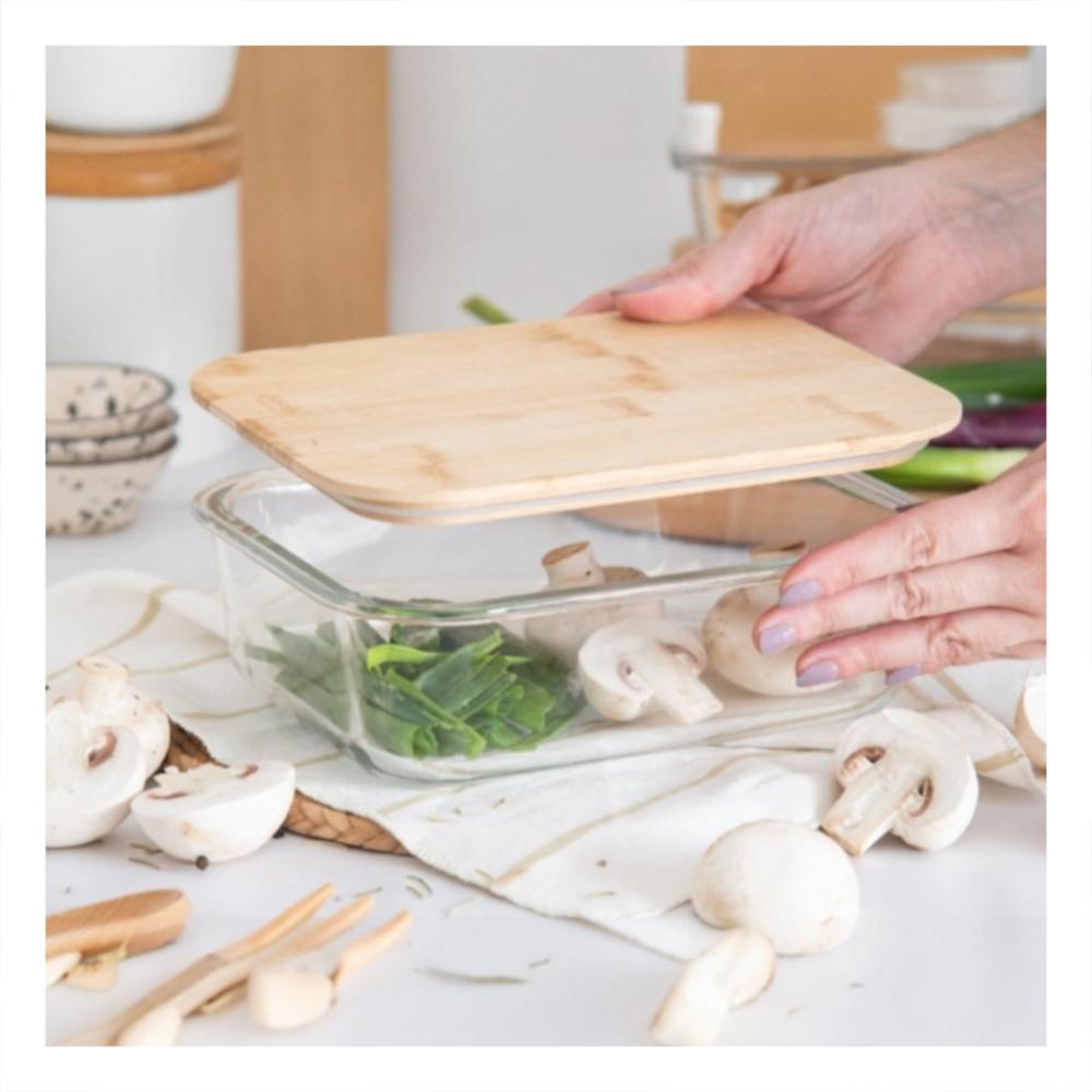 Recipientes Rectangulares con Tapa de Bambu para Cocina 370ml 640ml 1040ml Transparente