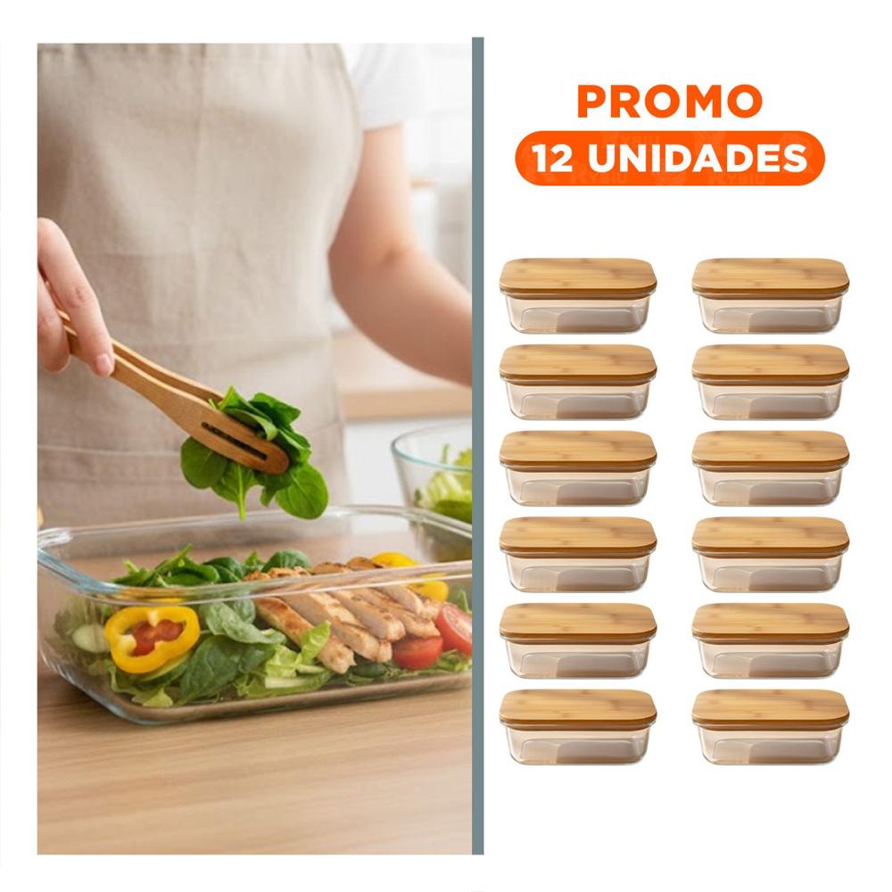 Pack12 Contenedor 640ml rectangular transparente con tapa de bambu para organizar