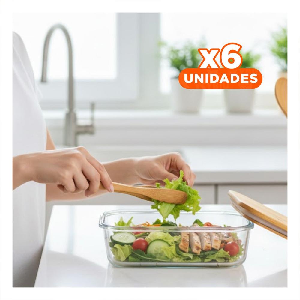 Pack6 Contenedor 640ml rectangular transparente con tapa de bambu para alimentos Y Papel Regalo