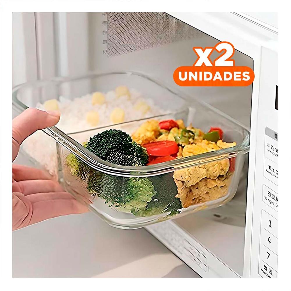 Pack2 Recipiente Vidrio 2 Divisiones 1040ml Transparente Linea Blanca Comida YPapel Regalo