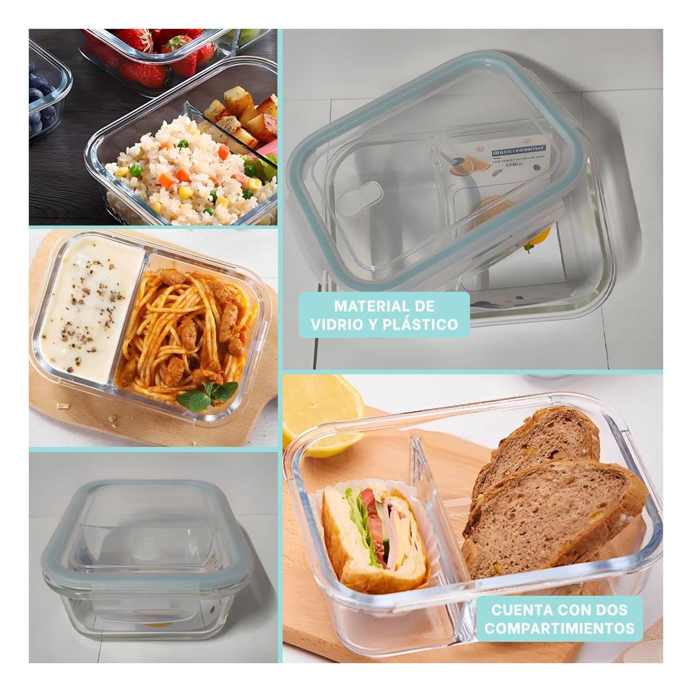 Fiambrera de Vidrio con Tapa 2 Divisiones 1040ml Transparente Linea Celeste YLigas Regalo