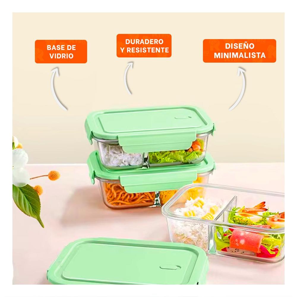Juego de 3 recipientes de vidrio rectangular con tapa verde para cocina