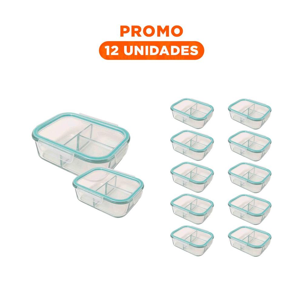 Pack12 Contenedor de Vidrio para Llevar Alimentos 1040 ml con Divisiones Linea Celeste