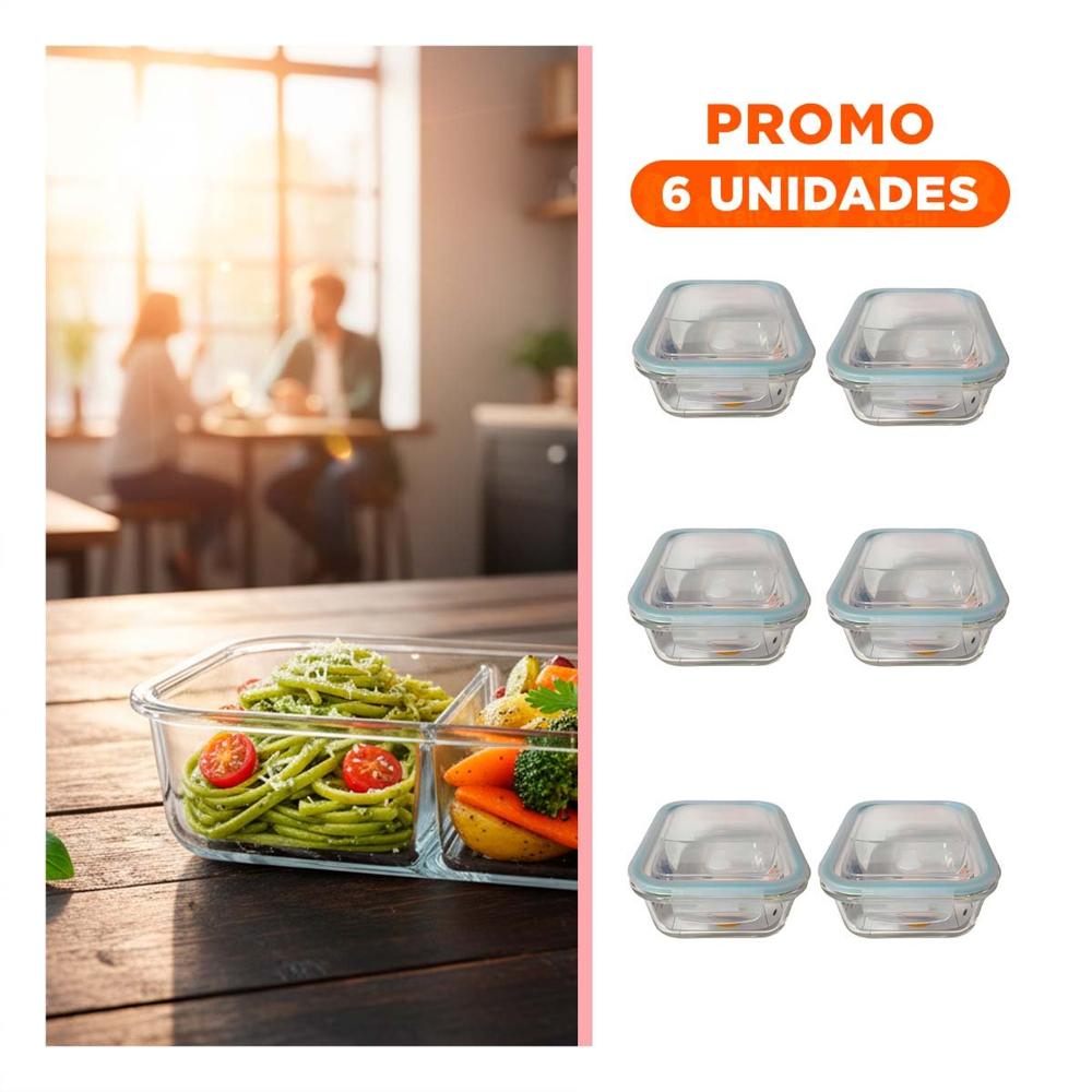 Pack6 Fiambrera de Vidrio 2 Divisiones 1040ml Tapa Linea Celeste YRegalo Sticker