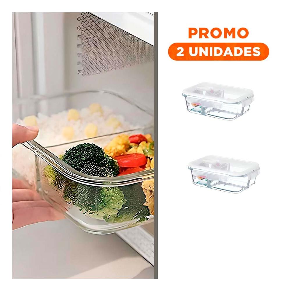 Pack2 Recipiente Vidrio 2 Divisiones 1040ml Transparente Linea Blanca Cocina YRegalo Sticker