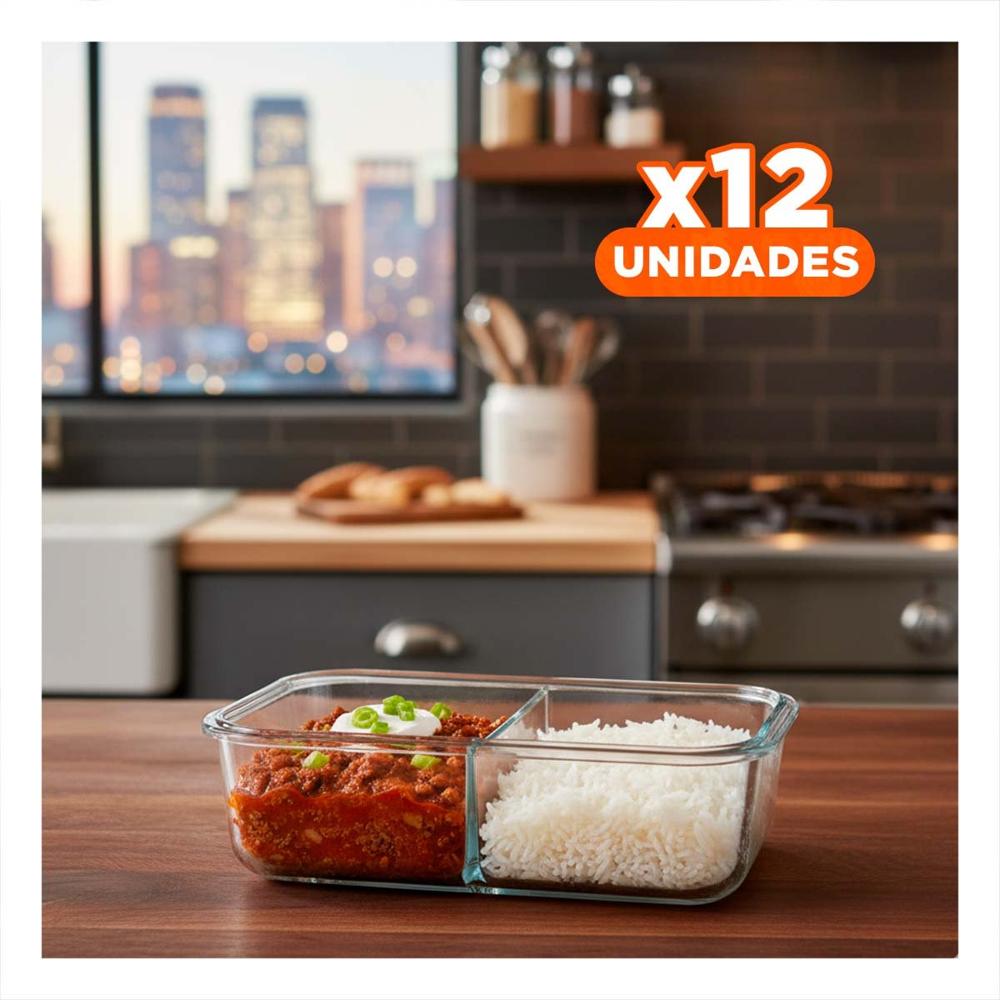Pack12 Envase Vidrio 2 Divisiones 1040ml Transparente Linea Blanca Cocina YPapel Regalo