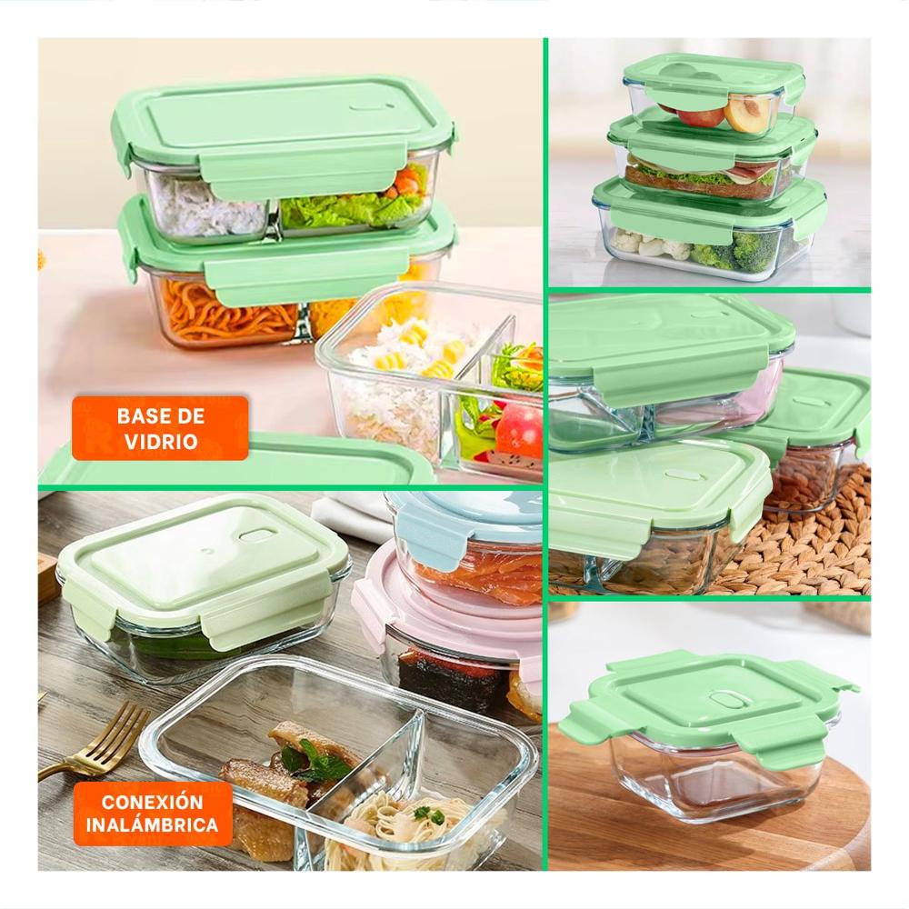 Combo de 3 taperas de vidrio rectangular con tapa verde hermetica para cocina Y Ligas Regalo