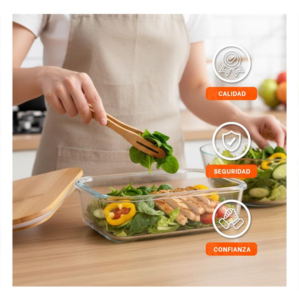Taper de vidrio 640ml rectangular transparente con tapa de bambu