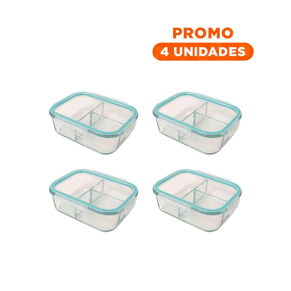 Pack4 Lonchera de Vidrio Moderna con 3 Compartimentos 1040 ml Transparente Linea Celeste