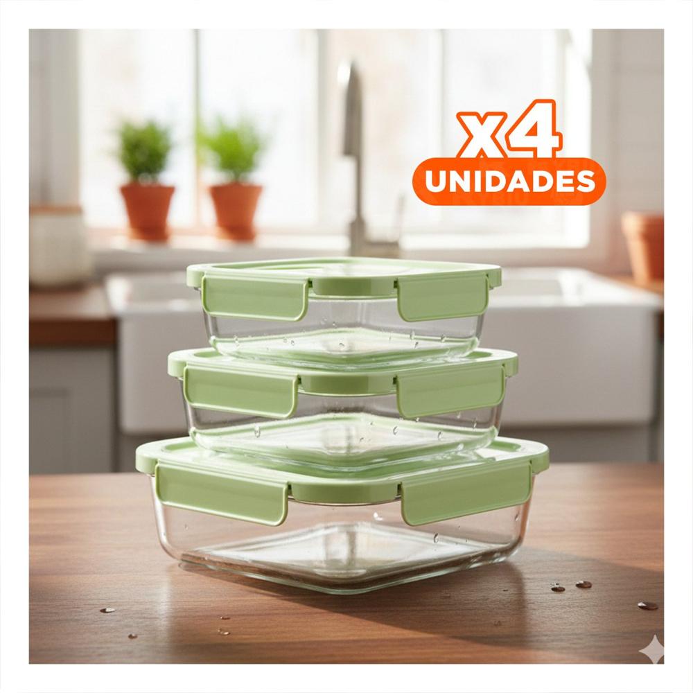 Pack4 Depositos de vidrio rectangular con tapa verde set de 3 cocina Y Papel Regalo