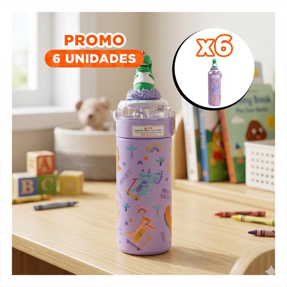 Pack6 Frasco Portatil 420ml Dinosaurio 3D Lila para Bebidas en Excursiones