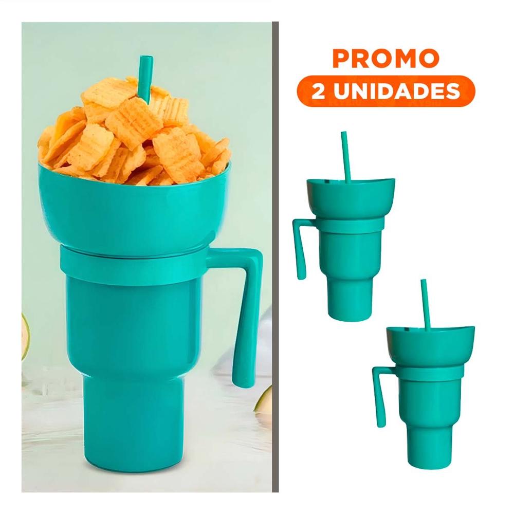 Pack2 Contenedor 2 en 1 para Snacks y Bebidas de ABS Color Verde Actual YRegalo Sticker