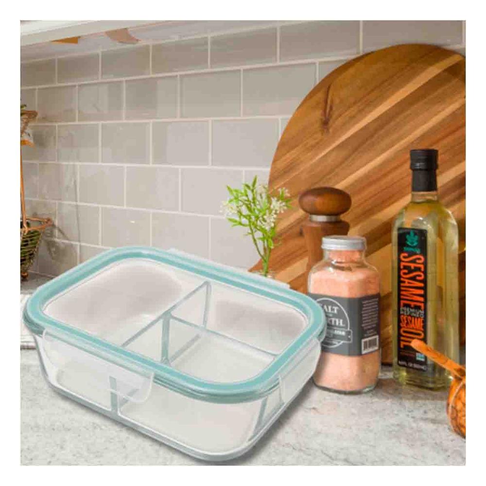 Contenedor de Vidrio Resistente con Divisiones 1040 ml Transparente Linea Celeste Y notas