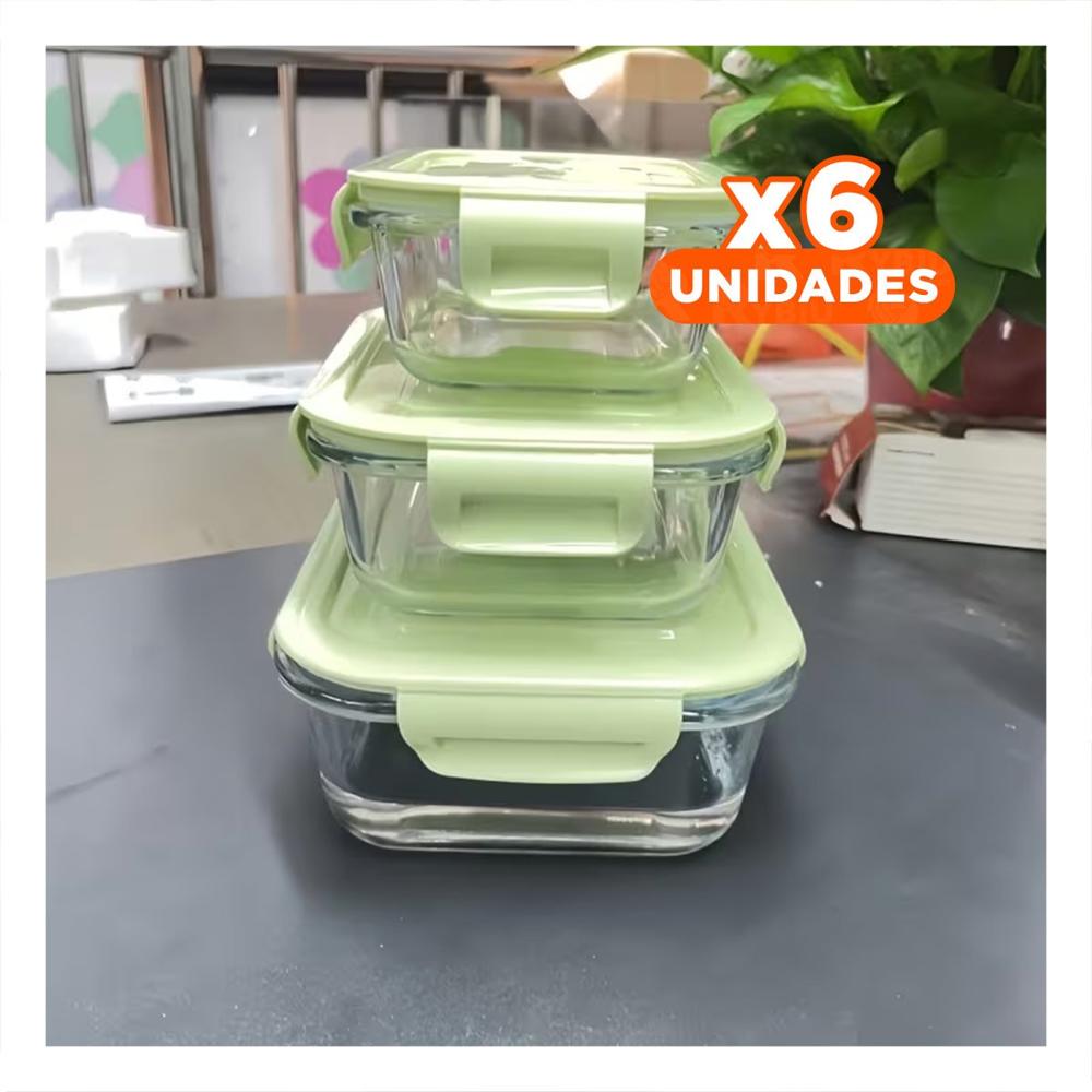 Pack6 Conservadores de vidrio rectangular con tapa verde set de 3 cocina Y Papel Regalo