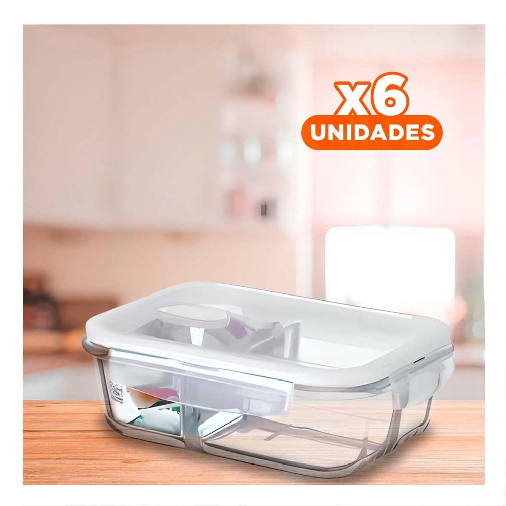 Pack6 Contenedor Vidrio 2 Divisiones 1040ml Transparente Linea Blanca Uso Diario YPapel Regalo