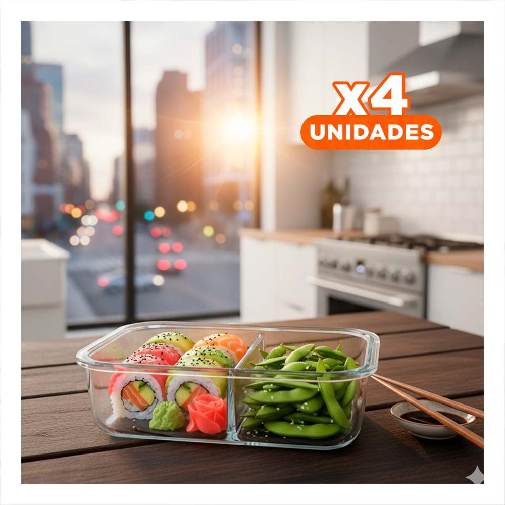 Pack4 Recipiente de Vidrio 2 Divisiones 1040ml Tapa Linea Celeste YRegalo Sticker