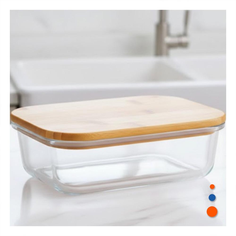 Caja de vidrio 640ml rectangular transparente con tapa de bambu Y notas