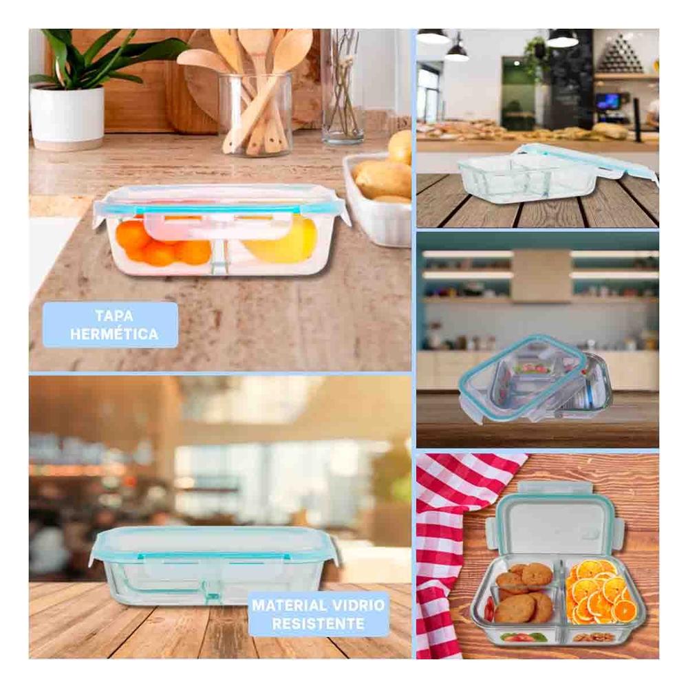 Lonchera de Vidrio con 3 Espacios y Tapa Ajustada 1040 ml Transparente YLigas Regalo