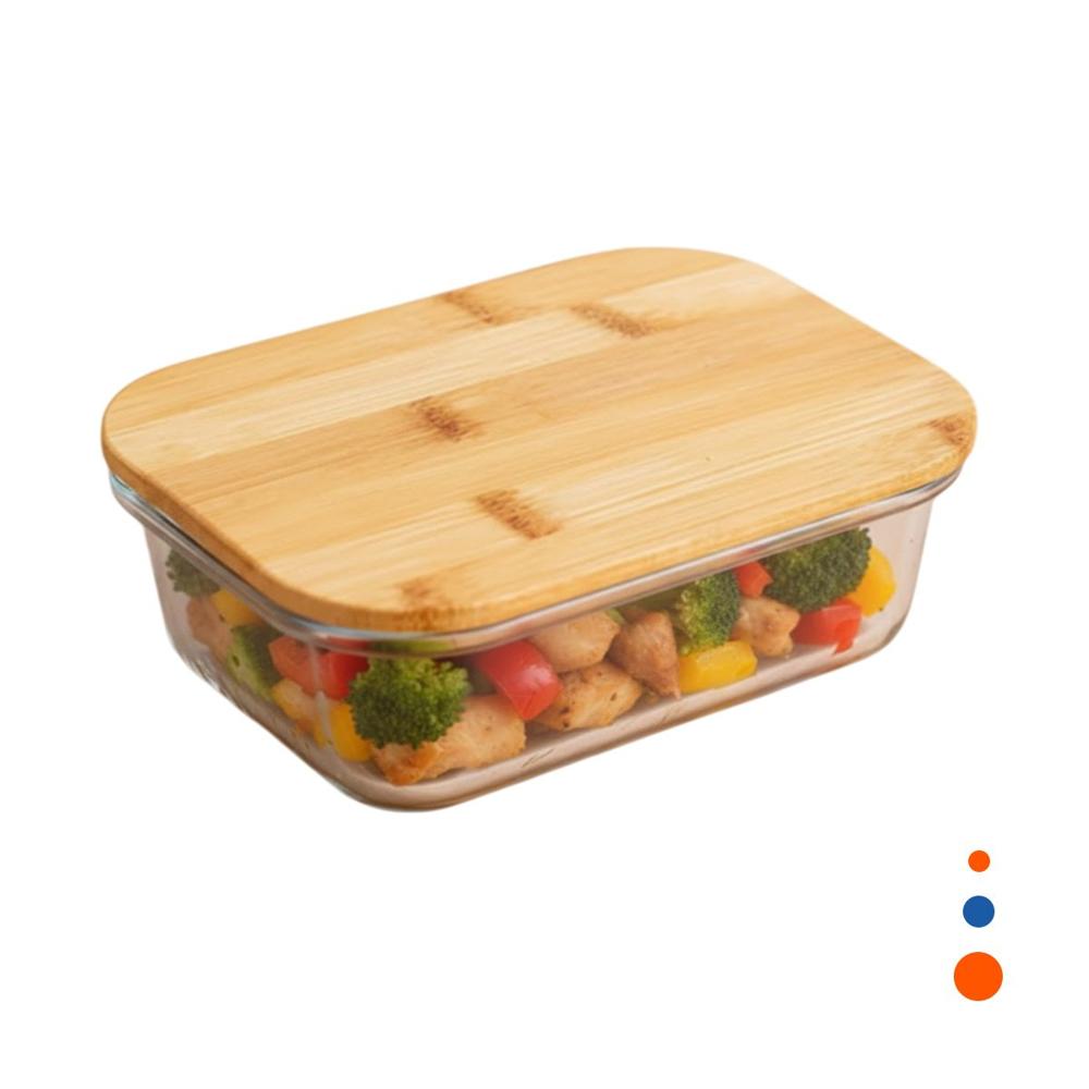 Recipiente De Vidrio 1040ml Rectangular Transparente Con Tapa Bambu Y Regalo Sticker