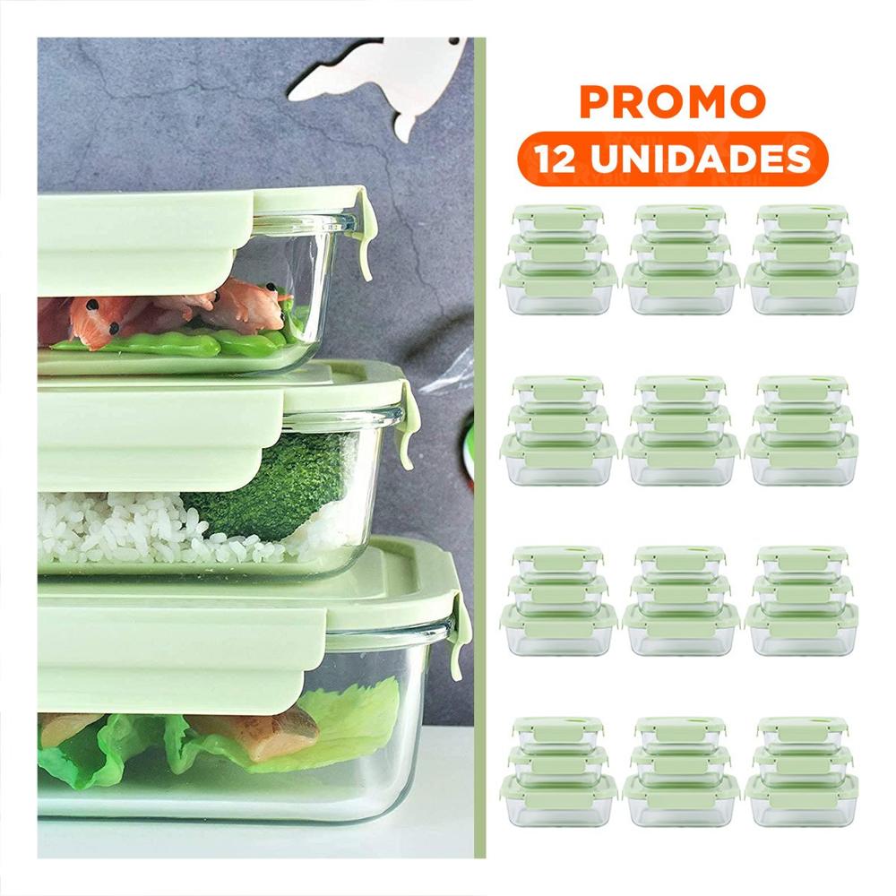 Pack12 Cajas de vidrio rectangular con tapa verde set de 3 cocina