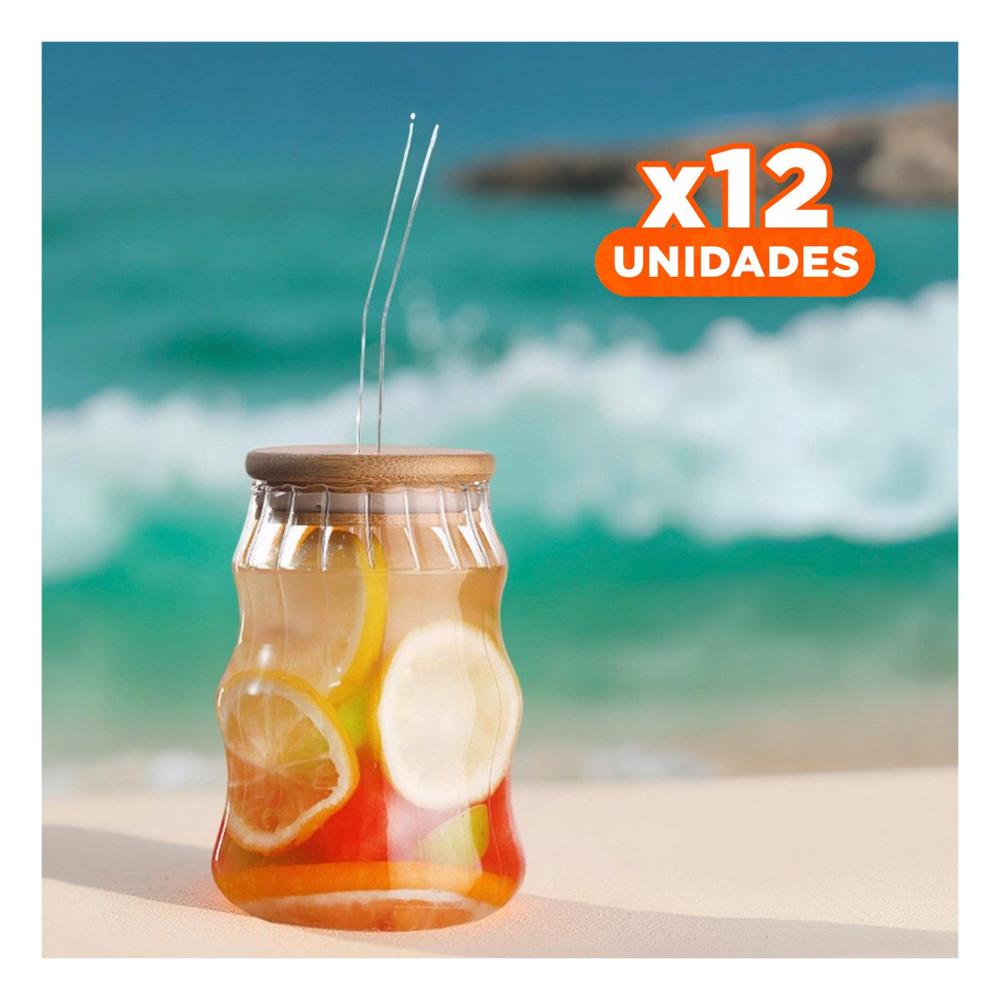 Pack12 Recipiente Rayado de Vidrio 500 ml con Tapa Ajustada Y Regalo Sticker