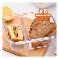 Pack6 Contenedor de Vidrio 2 Divisiones 1040ml Tapa Linea Celeste