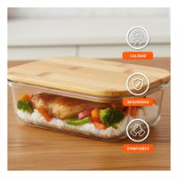 Taper De Vidrio 1040ml Rectangular Transparente Con Tapa Bambu