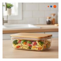 Contenedor de vidrio 640ml rectangular transparente con tapa de bambu Y Papel Regalo