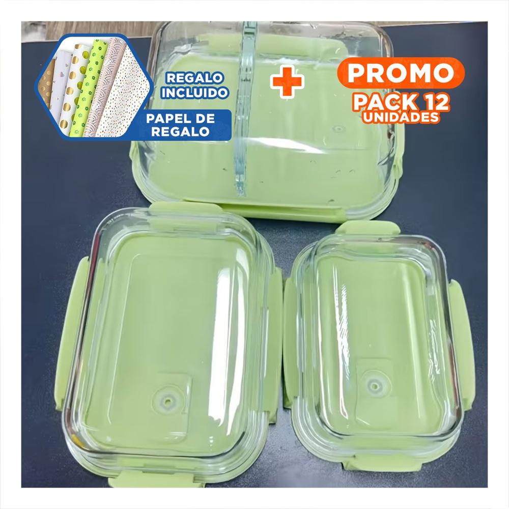 Pack2 Contenedores de vidrio rectangular con tapa verde set de 3 cocina Y Regalo Sticker