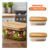 Pack2 Taper De Vidrio 1040ml Rectangular Transparente Con Tapa Bambu Comida Y Regalo Sticker