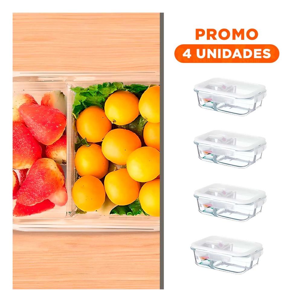 Pack4 Recipiente Vidrio 2 Divisiones 1040ml Transparente Linea Blanca Guardado