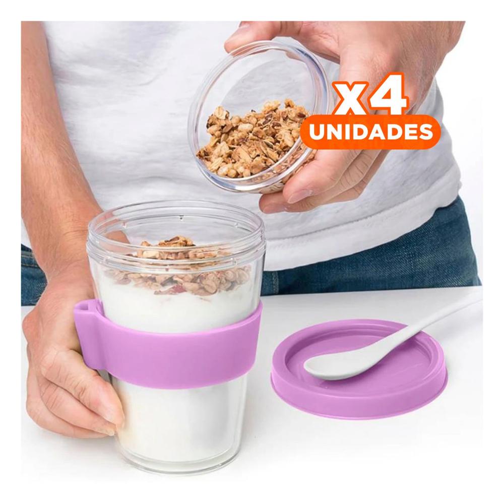 Pack4 Contenedor en Rosado para Yogurt y Cereal con Capacidad 350 Ml YPapel Regalo