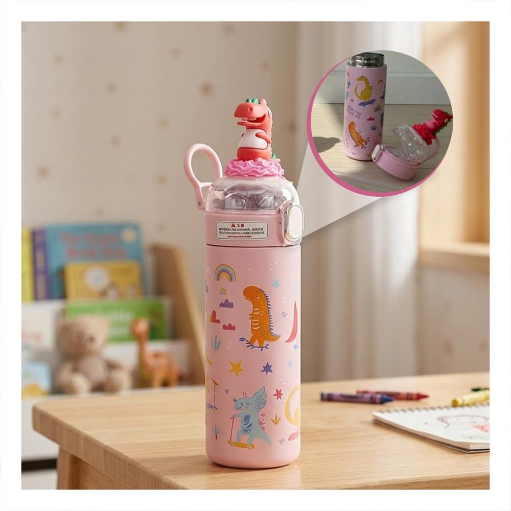 Termo 420ml Dinosaurio 3D Rosado con Tapa Hermetica para Hidratacion Diaria