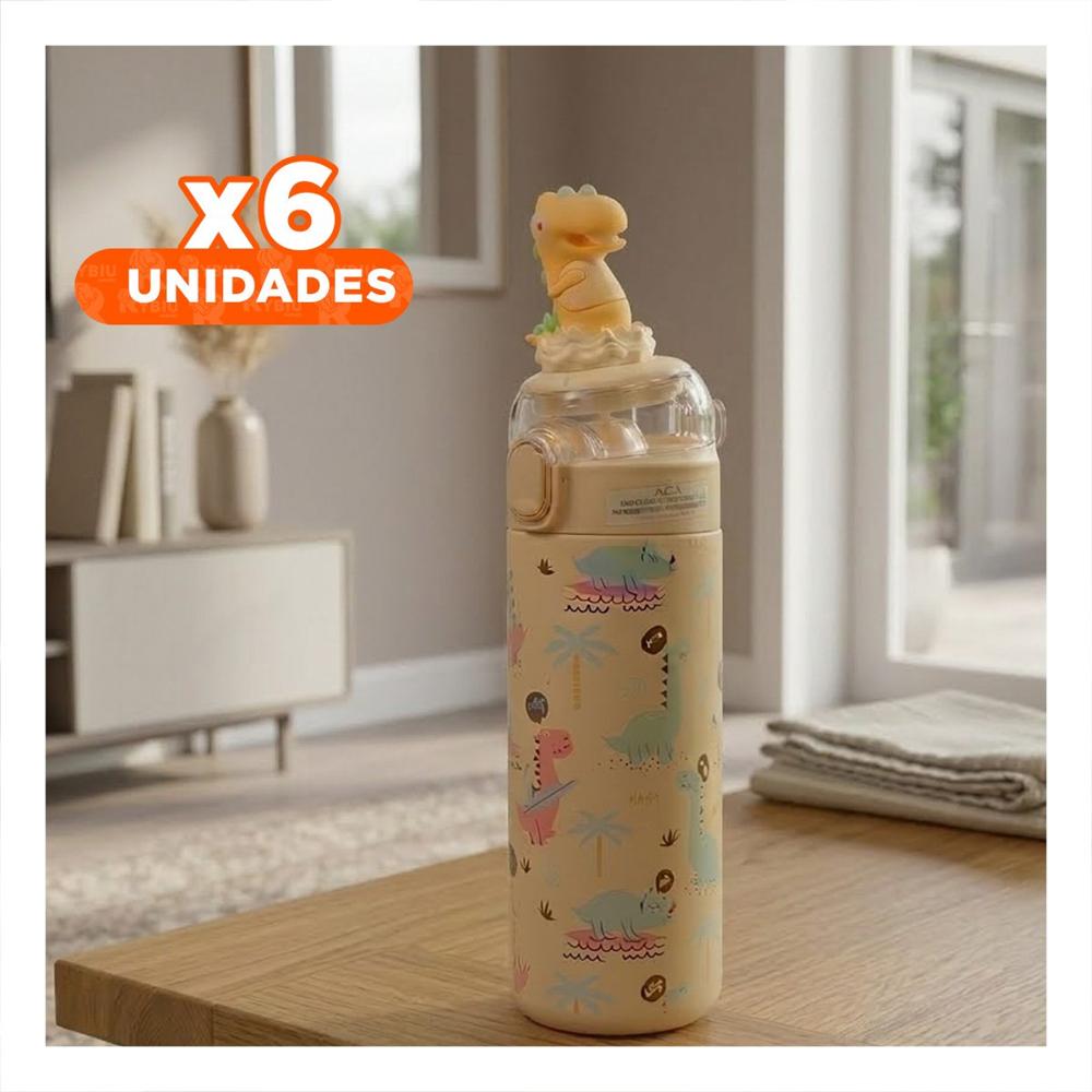 Pack6 Frasco Escolar 420ml Dinosaurio 3D Crema con Apertura Facil para Ninos YPapel Regalo