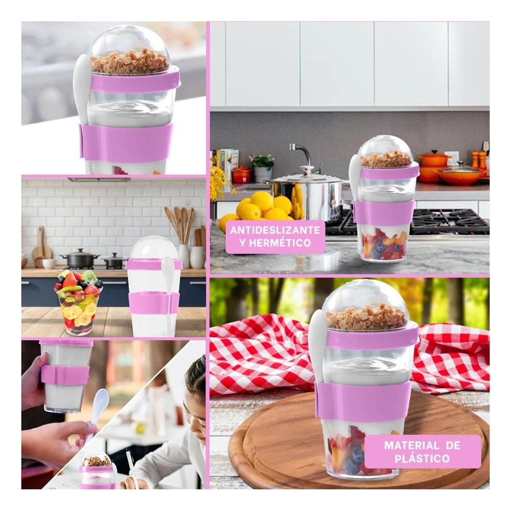 Vaso para Desayuno Saludable 350 Ml con Cuchara en Rosado de Uso Diario YLigas Regalo