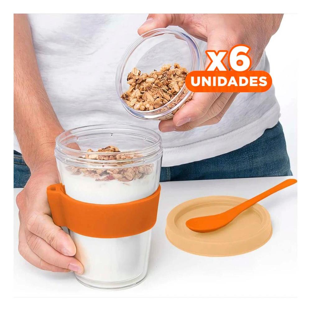 Pack6 Taza con Cuchara Integrada en Anaranjado para Yogurt y Cereal 350 Ml