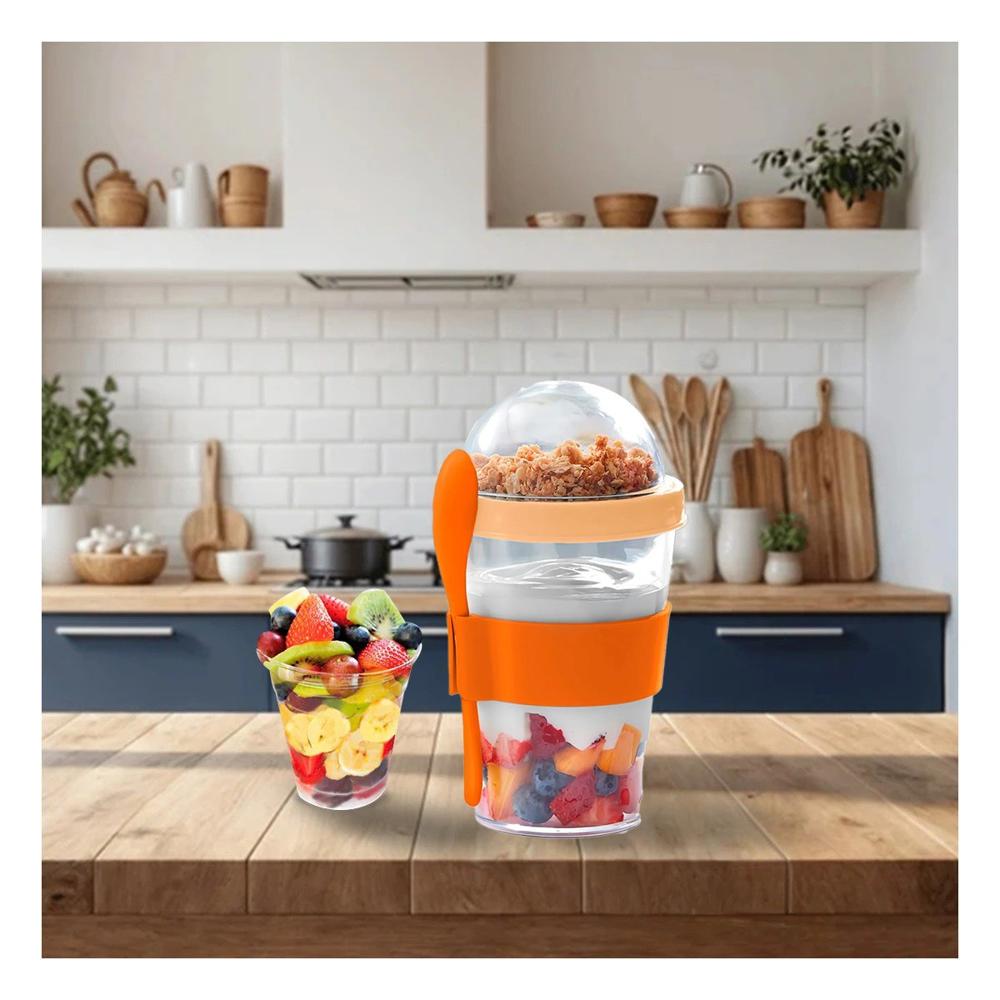 Vaso para Yogurt y Cereal 350 Ml Anaranjado con Cuchara para Uso Diario en Movimiento
