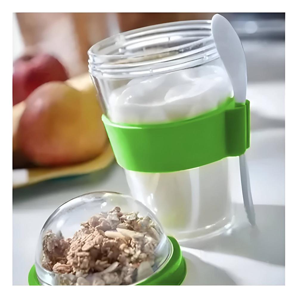 Vaso para Yogurt y Cereal 350 Ml Verde Limon con Cuchara para Uso Diario en Movimiento